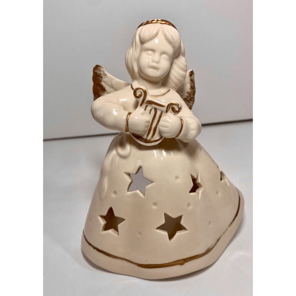 Angel Candle Holder Tealight Holding Harp Stars Porcelain 6 in Tall Vintage